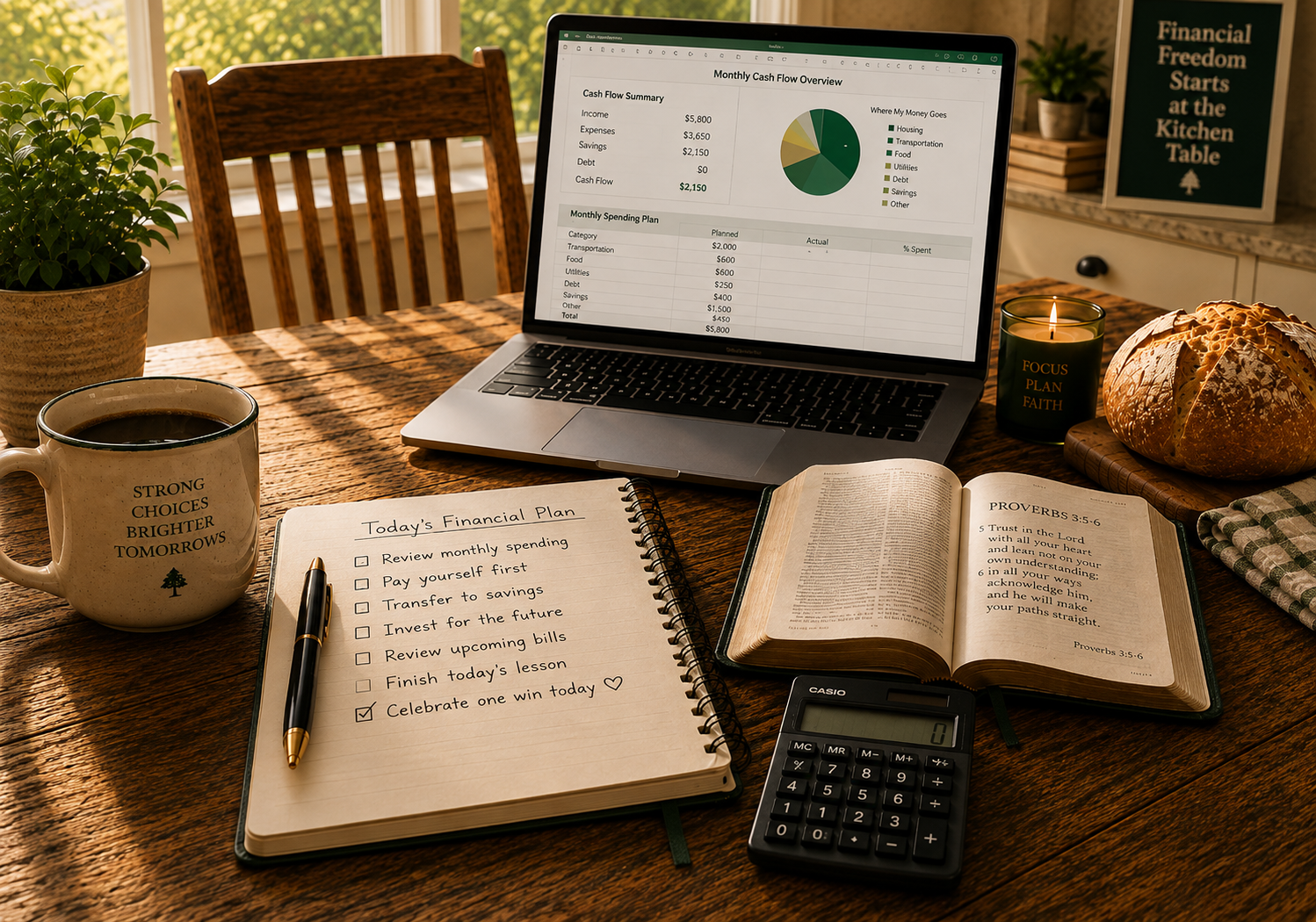 A sunlit kitchen table with a laptop showing a monthly cash flow overview, a handwritten financial plan checklist, an open Bible at Proverbs 3, a calculator, coffee and fresh bread